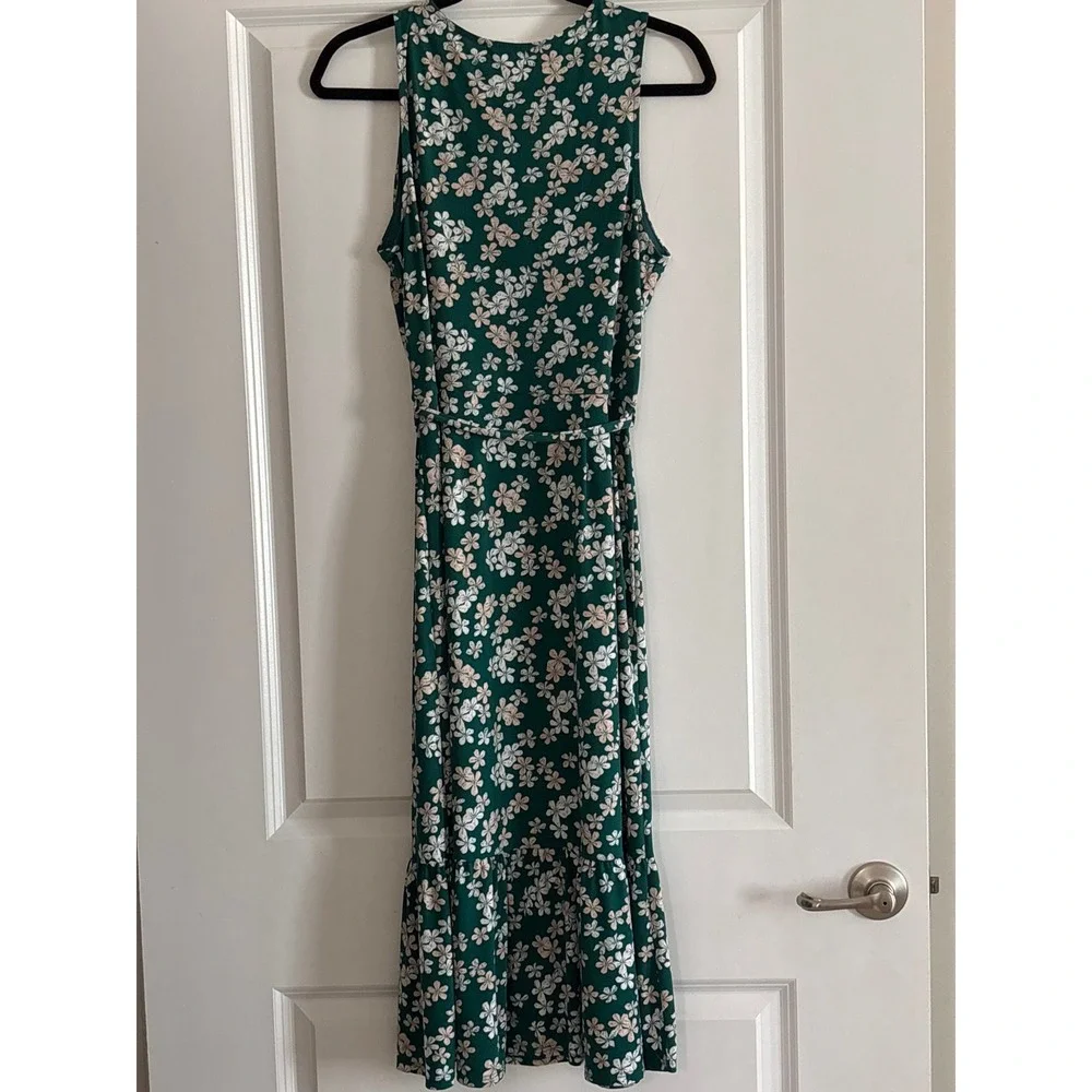 Kaileigh Green Floral Faux Wrap Midi Dress Sleeveless Ruffle Hem Size M - Picture 4 of 6